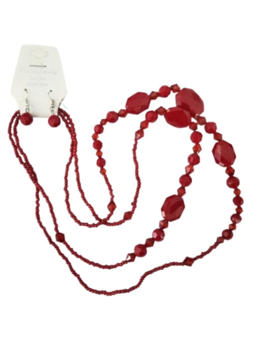 FASHION JEWELRY Red Beaded Necklace & Earring 3-Piece Set Lead-Free Nickel Free